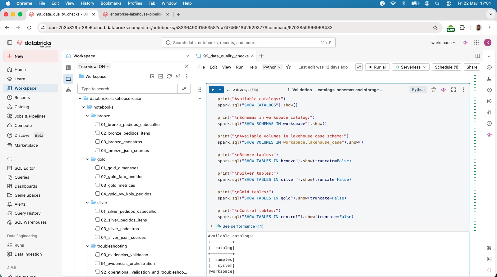 Databricks Workspace — estrutura de notebooks por camada Lakehouse