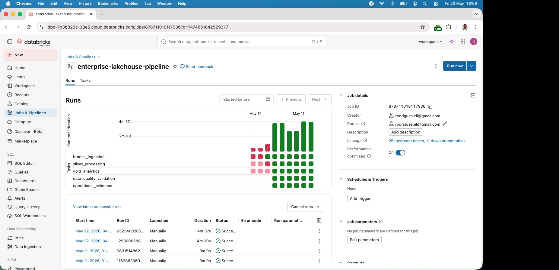 Databricks Jobs — pipeline enterprise com DAG e histórico de execuções bem-sucedidas